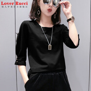 LOVER RUCCI純棉七分袖t恤女2025新款春夏歐洲站紐扣中袖上衣打底衫內搭外穿 黑色 XL