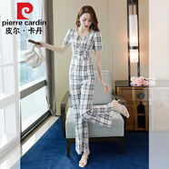 皮爾卡丹（pierre cardin）闊腿褲套裝女2023夏新款氣質(zhì)高腰顯瘦網(wǎng)紅褲子職業(yè)格子連體褲顯瘦 格子連體褲 S[建議85-95斤]