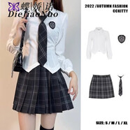 蝶嬌諾（DIEJIAONUO）新款連衣裙子女裝夏季甜辣學院風JK制服套裝女純欲短裙兩件裝夏天 長 白色襯衣+領帶+JK格紋裙套裝 S