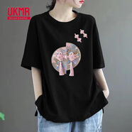 UKMR夏季新中式國風(fēng)短袖印花T恤女大碼寬松遮肚時(shí)尚百搭上衣潮 黑色【兩邊流蘇】單件裝 2XL 建議140-160斤