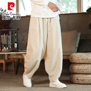 皮爾卡丹（pierre cardin）春秋棉麻燈籠褲男粗腿純色居家哈倫褲寬松復(fù)古麻料褲子大襠休閑褲 卡其色 2XL