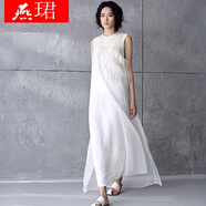 【寬松遮肚【胖瘦可穿】燕珺高檔女裝  復(fù)古文藝范刺繡雪紡中國風(fēng)女無袖寬松遮肉歐根紗麻中長裙連衣裙抖 無袖白色 2XL