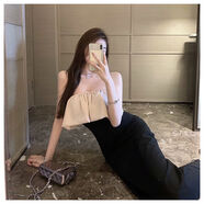 MORING BULL女主播直播衣服抹胸漏背顯瘦女裙新款女人味抹胸荷葉邊連衣裙名媛 黑色 S