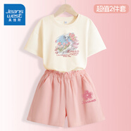 真維斯童裝女童夏季套裝2025新款兒童純棉短袖T恤時(shí)尚中大童休閑花苞腰短褲 杏/J油畫(huà)郁金香-粉/J小粉花K 140