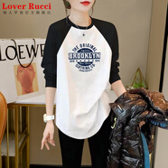 LOVER RUCCI黑白春秋季插肩袖2025年新款長袖T恤女中長款遮屁股寬松純棉上衣 997-52黑白插色 XL 適合125-140斤