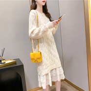 Radinka2025春秋新款甜美風(fēng)過膝毛衣裙女寬松中長款魚尾針織連衣裙YSP 麻花蕾絲拼接米白不加絨 2XL