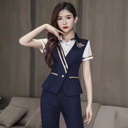 奧計(jì)（aoji）足浴店工作服女技師新款酒店桑拿服足療沐足按摩空姐制服女套裝- 藏青色短袖褲裝 XL