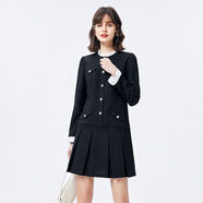 歐黎蔓（OULIMAN）法式小香風(fēng)黑色連衣裙女秋2023新款小個(gè)子氣質(zhì)撞色花邊領(lǐng)長(zhǎng)袖裙子 星閃復(fù)古黑 160/84A/S