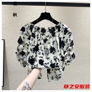 瑪菲萱雪紡衫女夏氣質(zhì)減齡韓版小個(gè)子碎花一字瓴雪紡衫女短袖年夏季新款 黑色花 XL 105-115斤