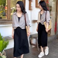 蘇洛琳（SULUOLIN）2025年春秋季夏天新款女士?jī)杉籽b連衣裙小個(gè)子穿搭時(shí)尚氣質(zhì)衣服 灰色襯衫+黑色吊帶裙 M 85-105斤