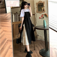 與欣夏天背帶連衣裙子女學(xué)生長(zhǎng)裙子套裝女夏裝新款初中高中生日系黑色學(xué)院風(fēng)裙 白衣黑裙一套配腰帶 均碼【可備注碼數(shù)】
