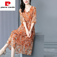 皮爾卡丹（pierre cardin）杭州防真絲連衣裙2025時(shí)尚減齡夏季貴夫人防桑蠶絲碎花長(cháng)裙女 花色 3XL 135-145斤