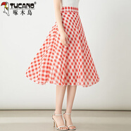 啄木鳥(niǎo)新款夏季雪紡格子半身裙女中長(cháng)款高腰大尺碼百褶修身小個(gè)子a字裙 2023A1紅白格子中長(cháng)裙2024 M
