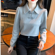 啄木鳥POLO翻領(lǐng)泡泡袖盤扣衛(wèi)衣女2024年春秋新款設(shè)計(jì)感小眾內(nèi)搭打底上衣 灰色 優(yōu)質(zhì)不起球T恤 L 建議115-130斤