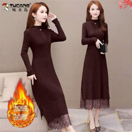 啄木鳥(niǎo)針織連衣裙2025新款秋中長(cháng)款過(guò)膝內搭配大衣收腰加絨加厚打底毛衣 咖啡加絨加厚 3XL 135-150