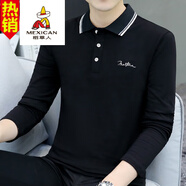 稻草人（MEXICAN）奧戴爾棉男士polo長袖t恤衫純棉春秋季簡約商務翻領t純色體恤青年 S5010 黑色 2XL145-160斤