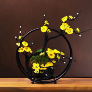 新中式仿真梅花鐵藝盆景擺件室內(nèi)裝飾花假花客廳玄關(guān)軟裝飾品擺設(shè) 黃梅花（含鐵圈）