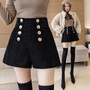 彩木夏洋氣加厚秋冬外穿顯瘦雙排扣女短褲高腰A字闊腿褲百搭靴褲 黑色 L100-115斤