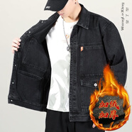 望了型300斤特大碼牛仔外套男加肥加大寬松工裝外套夾克衣服青年字母刺繡牛仔外套時尚夾克衫男 8008黑色加絨加厚大碼牛仔夾克 7XL【建議220-250斤】