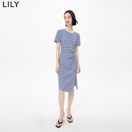 LILY夏新款女裝洋氣條紋別致不對稱時髦開叉短袖修身款連衣裙 428靛藍 S