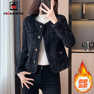 AEMAPE氣質(zhì)黑色小香風(fēng)短外套女春季2025新款女士春秋冬西裝粗花呢上衣 黑色夾棉 XL