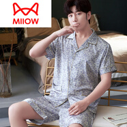貓人（MiiOW）男士睡衣夏季夏款絲綢真絲家居服短袖短褲夏天可外穿男款大碼套裝 SC-雙短男款灰底鏈條結(jié) XL (130-150斤)