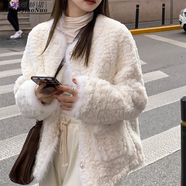 蝶嬌諾羊羔毛外套女裝秋冬季新款韓版毛毛絨仿皮草外套女皮毛一體大衣女 米白色羊羔毛外套 S