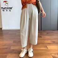 啄木鳥(niǎo)棉麻褲子九分褲夏季新款棉質(zhì)休閑褲女簡(jiǎn)約顯瘦文藝百搭寬松闊腿褲 杏色褲-有口袋 M【建議80-100斤】