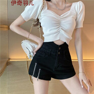 夏季寬松運(yùn)動(dòng)外穿女士網(wǎng)紅雙拉鏈裝飾設(shè)計(jì)感牛仔短褲女夏超高腰顯瘦時(shí)尚潮流性感熱褲子休閑西裝女裝工裝 黑色 # S