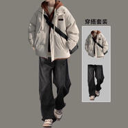 唐號假兩件棉服男款冬季寬松休閑加厚保暖棉衣外套日系潮流連帽棉襖子 8809杏色棉服+黑色牛仔褲 L
