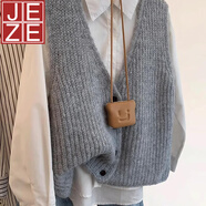 JEZE灰色v領(lǐng)針織馬甲背心女款冬季2024新款秋冬外搭疊穿坎肩毛衣開衫 灰色馬甲【z】 M 【建議90-105斤】