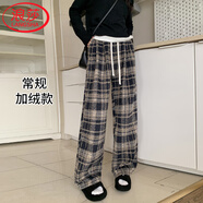 浪莎毛呢格子褲女秋冬加絨新款高腰垂感休閑拖地復古毛呢闊腿褲
