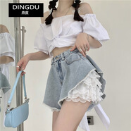 鼎度（DINGDU）設(shè)計(jì)感蕾絲毛邊闊腿牛仔短褲女春秋大碼妹mm顯瘦百搭A(yù)字熱褲 牛仔短褲+蕾絲短褲 S碼【80-95斤】