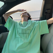 Shelley Jones 多巴胺穿搭黃橙色短袖t恤男夏季新款重磅亮色美式高街五分袖體恤 熒光綠 5XL [建議190-220斤]