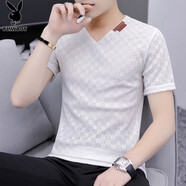 花花公子（PLAYBOY）冰絲短袖t恤男士夏季裝薄款v領(lǐng)寬松上衣新款潮流網(wǎng)紗鏤空半袖男裝 K18白色 XL 推薦【125-140斤】