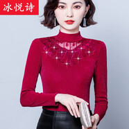冰悅詩秋冬裝新款半高領(lǐng)蕾絲顯瘦網(wǎng)紗加絨加厚打底衫女長袖紗衣小衫上衣 酒紅色薄款 3XL 建議130-140斤