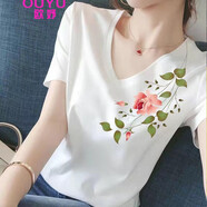 歐妤短袖t恤女上衣夏季女裝新款休閑韓版V領(lǐng)時(shí)尚百搭體恤打底衫 白色玫瑰花 M建議80-100斤