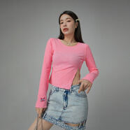 CHUU小狐貍開衩t恤2025秋季新品女裝辣妹修身長(zhǎng)袖打底衫短款上衣 粉色 均碼