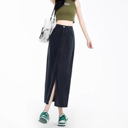 MODX香港潮牌天絲牛仔半身裙女夏季薄款梨形身材大碼高腰顯瘦垂感輕薄 黑色 M