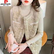 皮爾卡丹小香風(fēng)羊羔毛馬甲女秋冬新款皮毛一體仿兔毛坎肩寬松背心外套 奶茶色 L