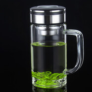 WoLong臥龍水杯單層加厚玻璃杯帶把手男透明泡茶杯茶水分離辦公室耐高溫 黑色 500ml 單層帶濾網 把手杯 臥龍單層把手杯