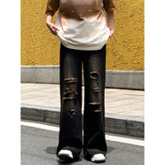 POUM美式復古ins街頭復古破洞水洗牛仔褲男寬松休閑直筒褲長(cháng)褲子男女 CRB-6158黑色 L