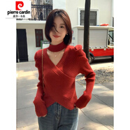 皮爾卡丹（pierre cardin）奶白色修身泡泡袖毛衣打底衫純欲交叉設(shè)計(jì)感短款V領(lǐng)掛脖針織衫 酒紅 S