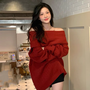 風(fēng)采兔 毛衣女2024秋冬新款美式純欲慵懶風(fēng)軟糯麻花一字肩針織衫潮上衣 紅色 均碼