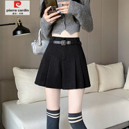 皮爾卡丹（pierre cardin）灰色毛呢短褲女秋冬外穿呢子褲裙短款百褶裙褲高腰闊腿褲馬丁靴褲 黑色 L