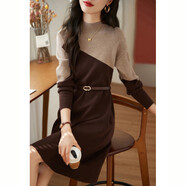 記述針織連衣裙女秋裝2024新款長(cháng)袖氣質(zhì)顯瘦中長(cháng)款洋氣撞色拼接毛衣裙 米咖色 #M(建議85-105斤)