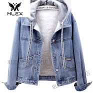 MLEX加絨牛仔外套女秋冬新款康康服飾休閑百搭短款連帽牛仔上衣女 牛仔藍(lán)加厚【帶帽可拆卸】 加絨 4XL【建議140-155斤】