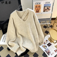 伊離姿高級(jí)感v領(lǐng)鏤空套頭毛衣女秋冬季韓版加厚設(shè)計(jì)感小眾慵懶風(fēng)針織衫 杏色 2XL