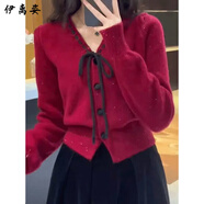 伊離姿小香風(fēng)針織衫毛衣開衫女2025年新款女款春秋洋氣小衫穿搭短款上衣 紅色 XL
