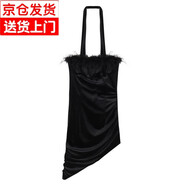 辛鏡色黑色絲絨抹胸連衣裙女秋冬季掛脖不規(guī)則緊身性感包臀裙子內(nèi)搭短裙 黑色 S